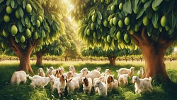 Goats rearing under avocado trees