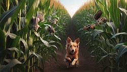 A dog chasing away squirrels in maize crops